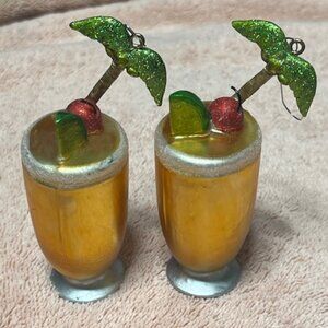 Two Christmas Hand Blown Glass Tropical Cocktail Themed Holiday Ornaments 4"